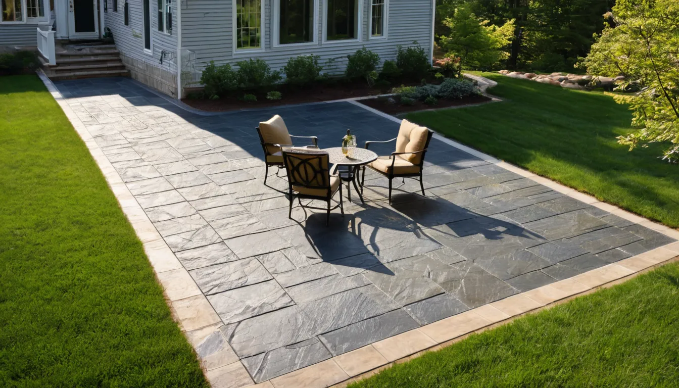 A newly finished stamped concrete patio behind a home in Franklin, with a stone-look pattern and soft gray tones